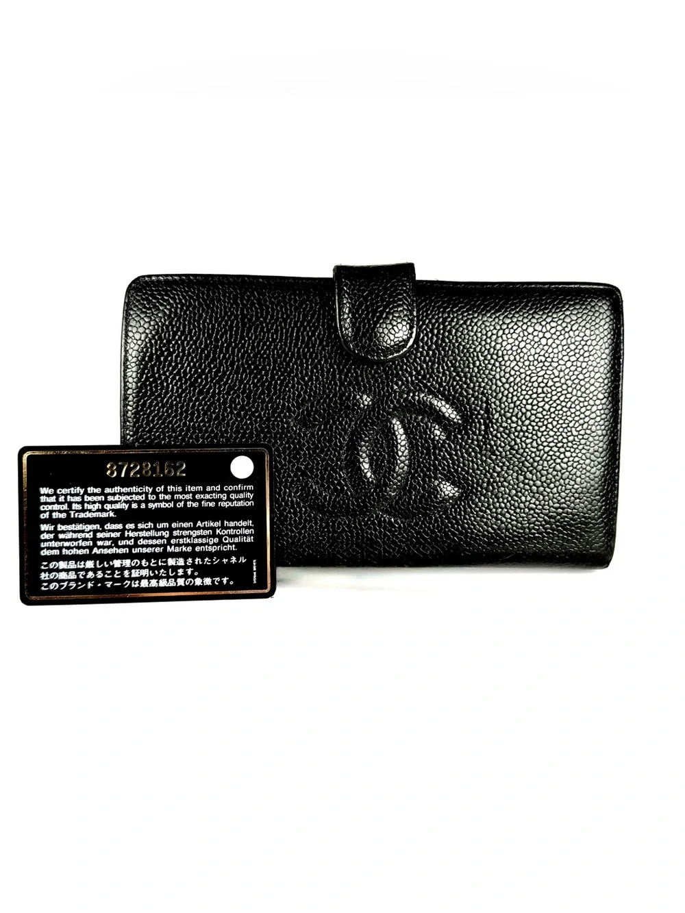 Chanel Black Caviar Leather Long Snap Bifold Wallet | Vintage CC Logo